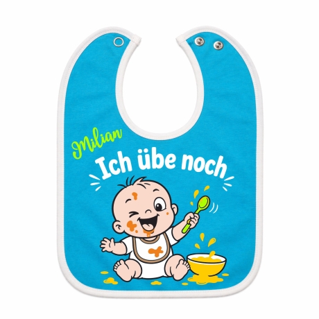 Baby Lätzchen farbiger Saum ICH ÜBE NOCH bedruckt mit Namen