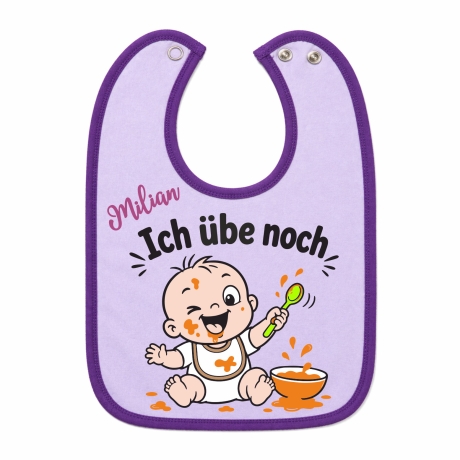 Baby Lätzchen farbiger Saum ICH ÜBE NOCH bedruckt mit Namen