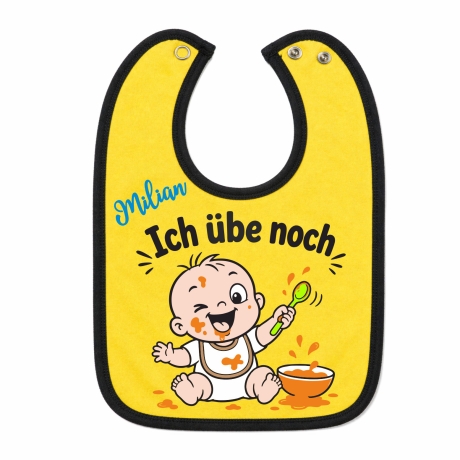 Baby Lätzchen farbiger Saum ICH ÜBE NOCH bedruckt mit Namen