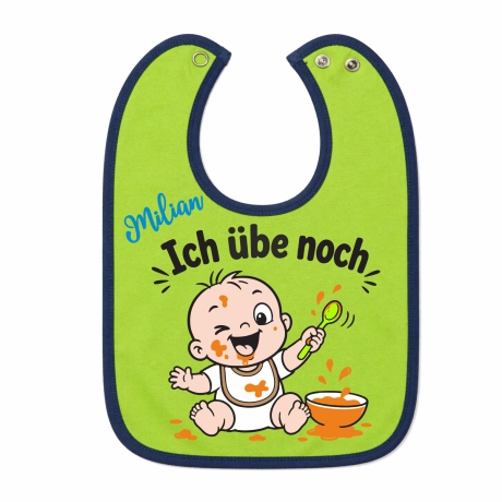 Baby Lätzchen farbiger Saum ICH ÜBE NOCH bedruckt mit Namen