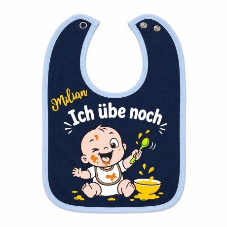 Baby Lätzchen farbiger Saum ICH ÜBE NOCH bedruckt mit Namen