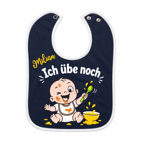 Baby Lätzchen farbiger Saum ICH ÜBE NOCH bedruckt mit Namen