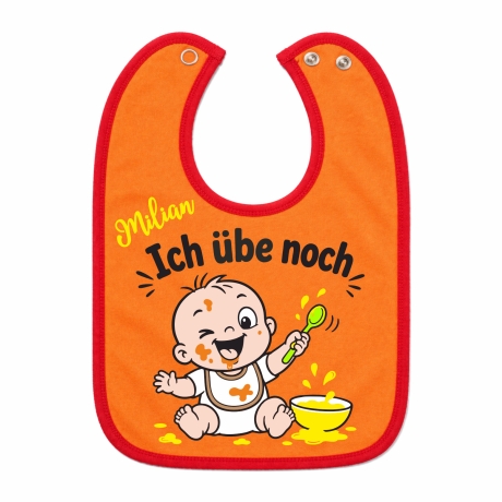 Baby Lätzchen farbiger Saum ICH ÜBE NOCH bedruckt mit Namen
