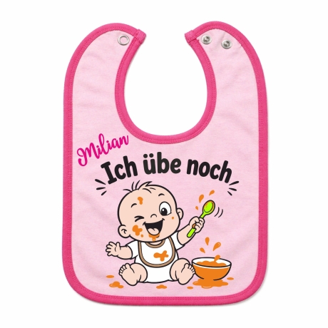 Baby Lätzchen farbiger Saum ICH ÜBE NOCH bedruckt mit Namen