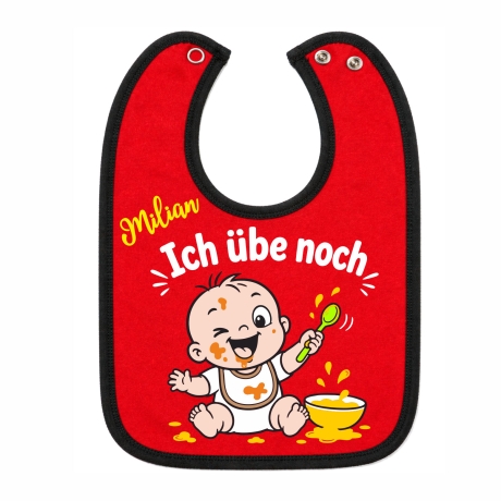 Baby Lätzchen farbiger Saum ICH ÜBE NOCH bedruckt mit Namen