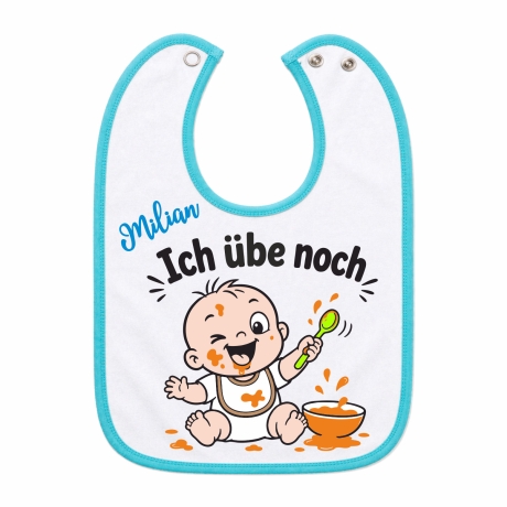 Baby Lätzchen farbiger Saum ICH ÜBE NOCH bedruckt mit Namen