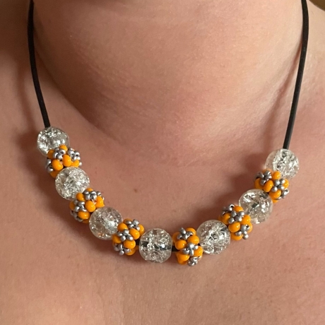 Lederband, Kette mit Perlen, orange/silber/kristall, Unikat