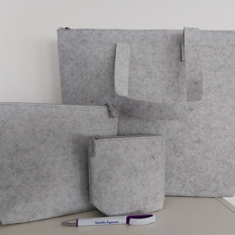 Filztasche Linda Set Bag in hellgrau shopper und 2 Kosmetiktasche