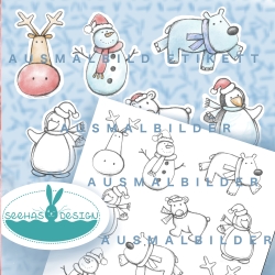Druckvorlage Ausmalbild Schneemann, Ren, Eisbär, Pinguin Druckvorlage Ausmalbild Schneemann, Ren, Eisbär, Pinguin