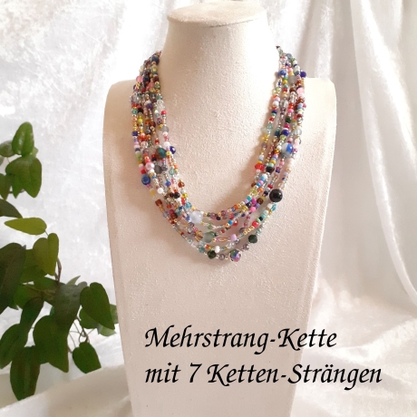 Mehrstrang-Kette mit 7 Stängen Perlen-Kette bunte Kurzkette