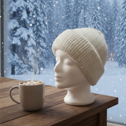 Handgestrickte weiße Damen-Merinomütze – weich, dick & warm