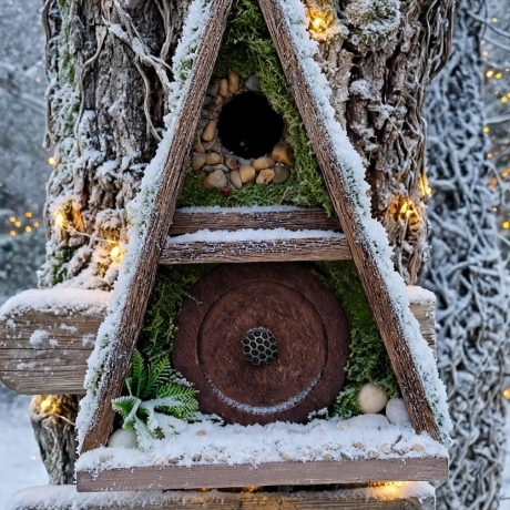 A-Frame Hobbit Nistkasten braune Tür - Mooshaus 32mm Unikat