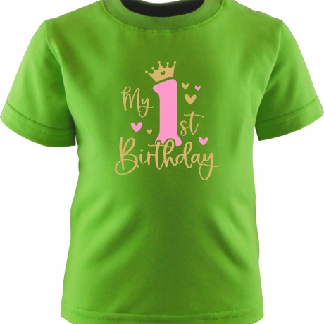 Kinder Kurzarm T-Shirt bedruckt mit MY FIRST BIRTHDAY
