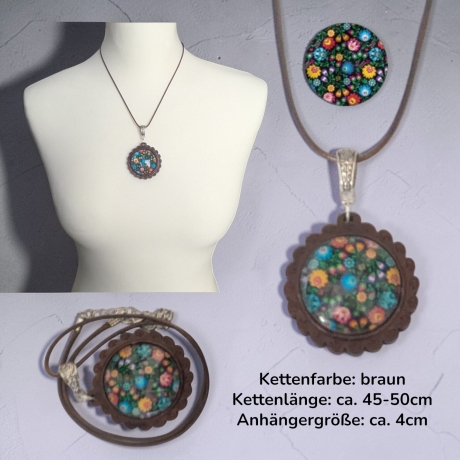 Kette Holzanhänger Blumenform mit Motivstein