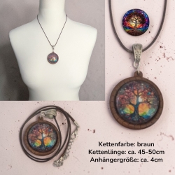 Kette Holzanhänger Blumenform mit Motivstein