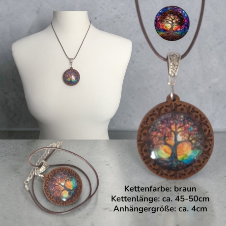 Kette Holzanhänger Blumenform mit Motivstein