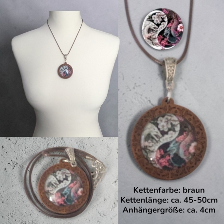 Kette Holzanhänger Blumenform mit Motivstein