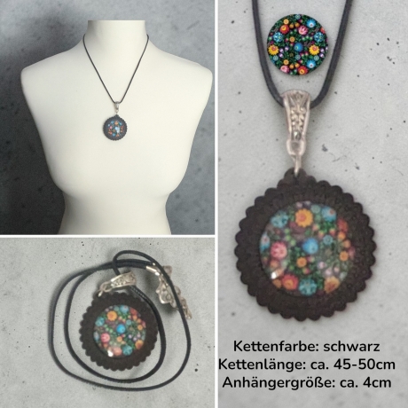 Kette Holzanhänger Blumenform mit Motivstein
