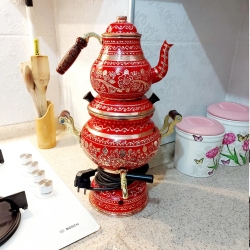 Handbemalter türk. elektr. Samovar, neu, rund, rot, 2,5 Liter 