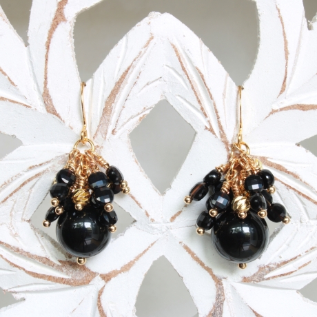 Obsidian Edelsteinperlen Cluster Ohrringe 18K vergoldet