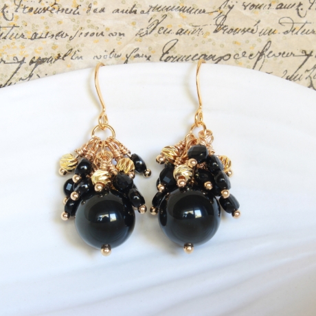 Obsidian Edelsteinperlen Cluster Ohrringe 18K vergoldet