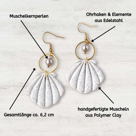 Boho Muschel Ohrhänger mit Perle – Handgemacht aus Polymer Clay