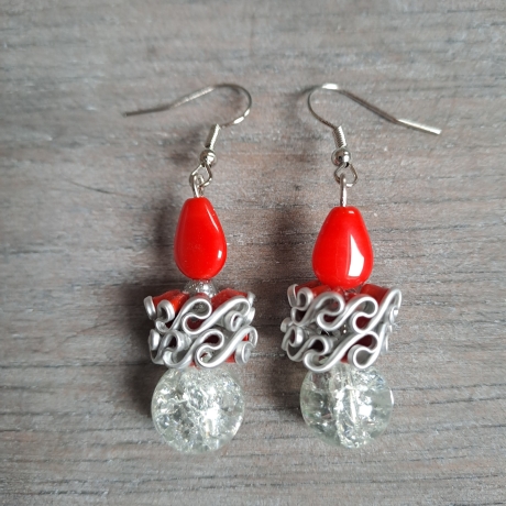 Ohrringe aus Perlen/Kapseln,rot/kristall, Upcycling,Handarbeit