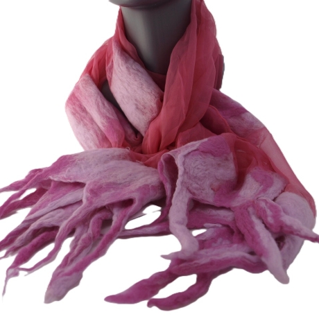 Filzschal Seide Wolle handgefärbt handgefilzt 180x45cm rosa
