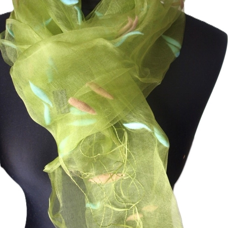 Schal Damen Seide Chiffon mit aufgefilzten Kokons grün Damenschal
