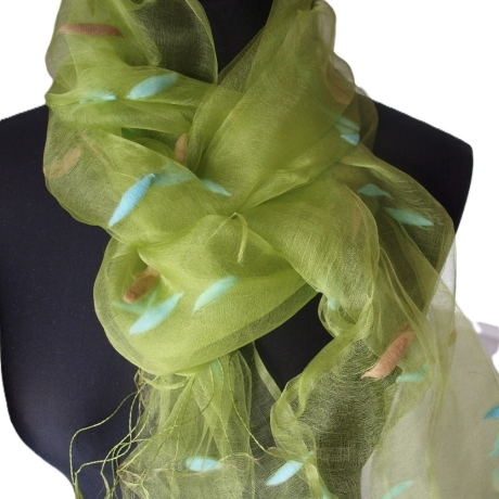 Schal Damen Seide Chiffon mit aufgefilzten Kokons grün Damenschal