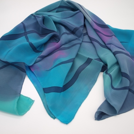 Seidentuch blau handbemalt Unikat hochwertige Crepe deChine Seide