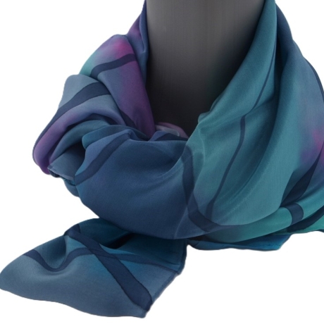 Seidentuch blau handbemalt Unikat hochwertige Crepe deChine Seide