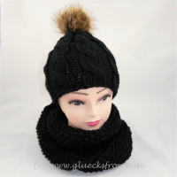 Mütze, Bommelmütze, handgestrickt, schwarz