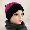 Mütze, Bommelmütze, handgestrickt, schwarz, pink, weiß