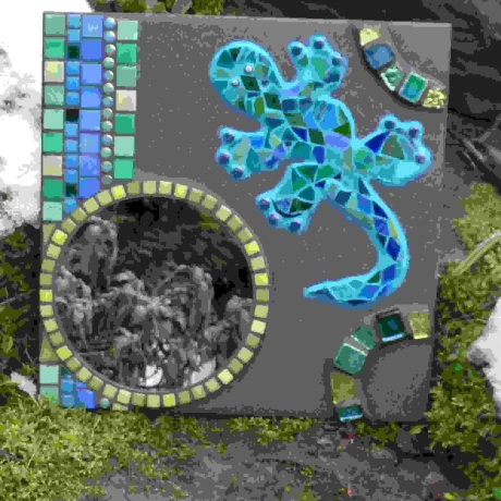 Mosaik Gartenspiegel rund Gecko türkis