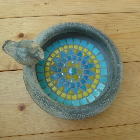 Bauchige Mosaik Vogeltränke Keramik türkis gelb