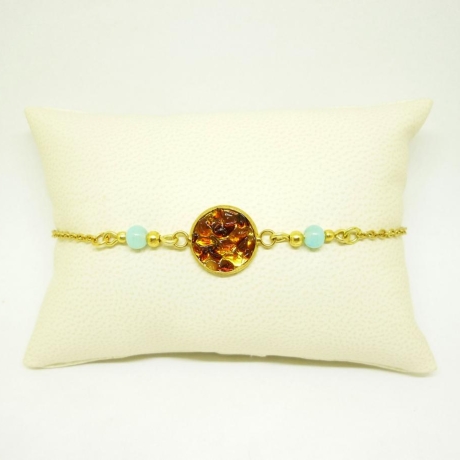 Bernstein- Armband mit Jade- Perlen, vergoldet
