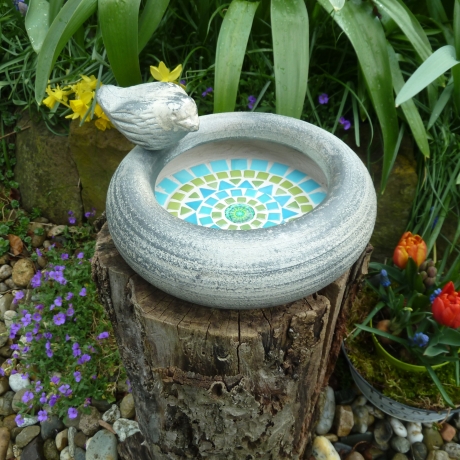 Mosaik Vogeltränke Keramik grün türkis