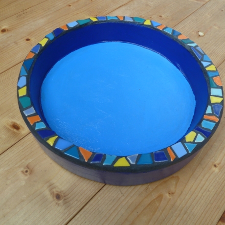 Mosaik Vogeltränke Resin handbemalt blau bunt