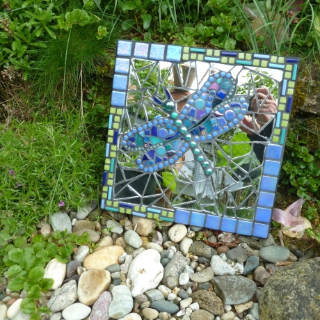 Mosaik Gartenspiegel rund Gecko türkis
