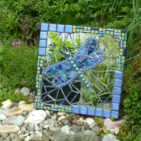 Mosaik Gartenspiegel rund Gecko türkis