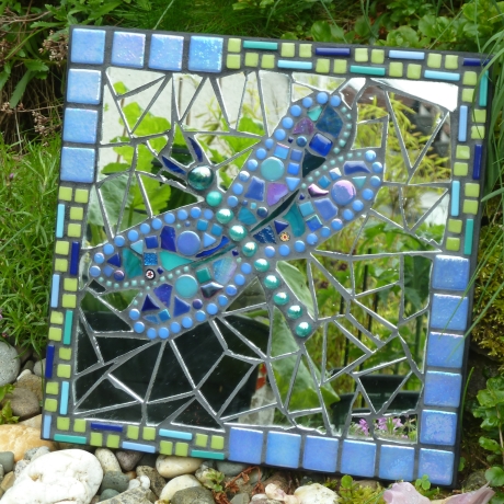 Mosaik Gartenspiegel rund Gecko türkis