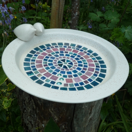 Mosaik Vogeltränke Keramik petrol rosa