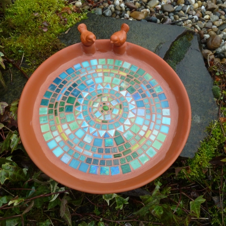 Mosaik Vogeltränke blau grün Keramik 