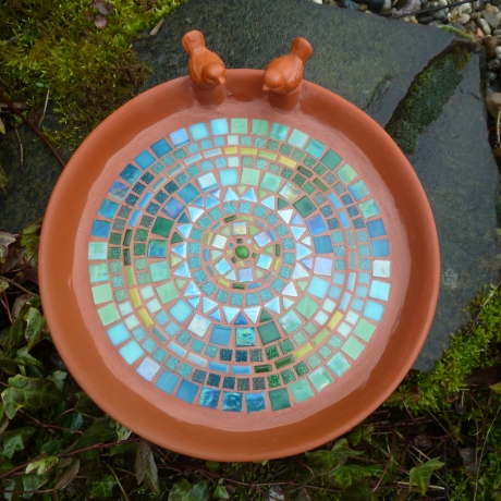 Mosaik Vogeltränke blau grün Keramik 