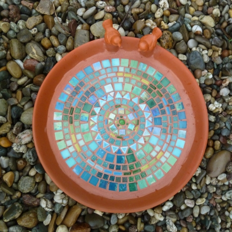 Mosaik Vogeltränke blau grün Keramik 