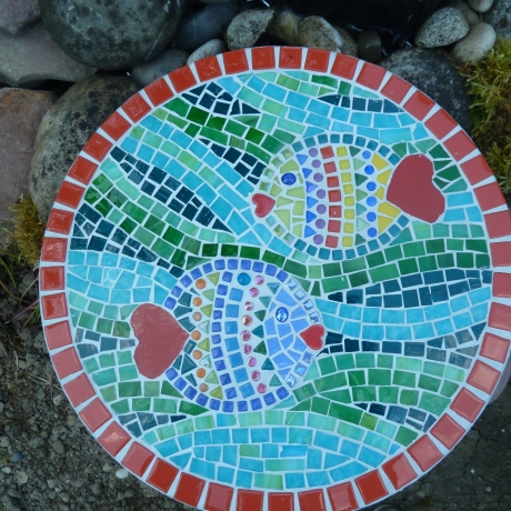 Mosaik  Garten Trittstein Herz Fische 