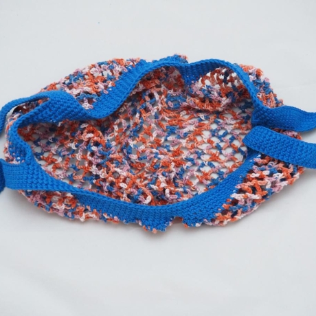 Einkaufstasche blau orange bunt aus Baumwolle gehäkelt