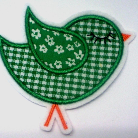 Aufnäher grün kariert/Blumen Vögelchen - Piepmatz  Appli