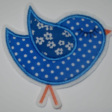 Aufnäher  Vögelchen - Piepmatz  blau Punkte/Blumen Appli